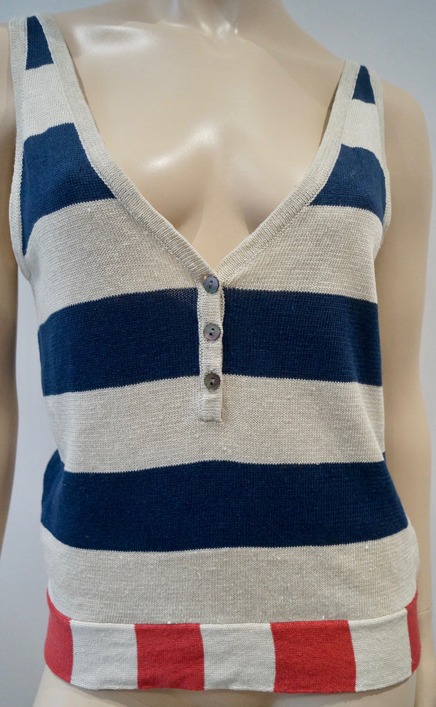 Women's Cream Navy & Red 100% Linen Striped Knitwear Tank Vest Jumper Top M
