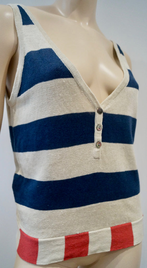 Women's Cream Navy & Red 100% Linen Striped Knitwear Tank Vest Jumper Top M