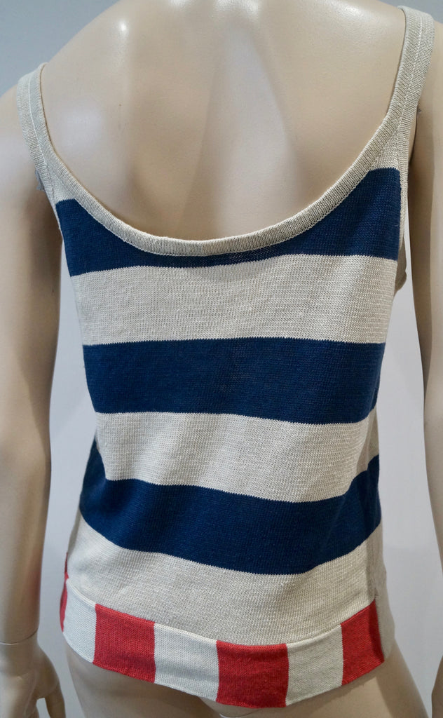 Women's Cream Navy & Red 100% Linen Striped Knitwear Tank Vest Jumper Top M