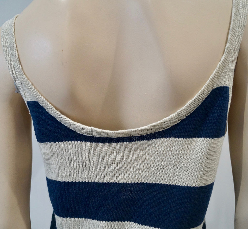 Women's Cream Navy & Red 100% Linen Striped Knitwear Tank Vest Jumper Top M