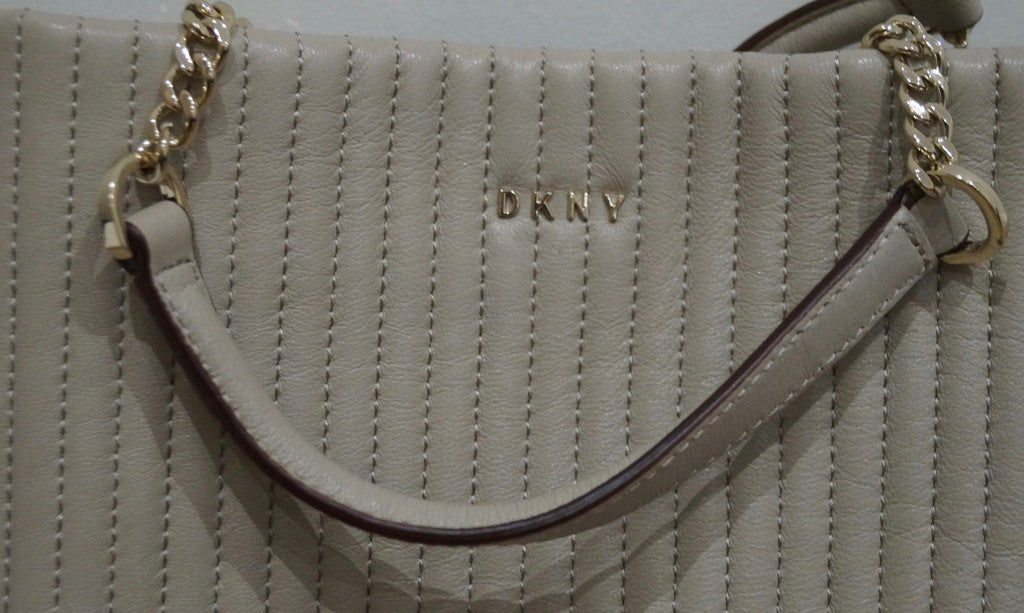 DKNY Cream Beige Quilted Leather Gold Tone Branded Detachable Shoulder Strap Bag