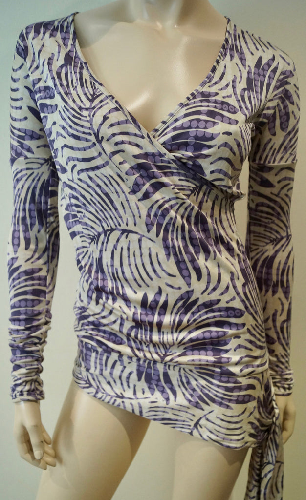 AMANDA WAKELEY Cream Purple Lilac 100% Silk V Neck Long Sleeve Wrap Tie Top UK8