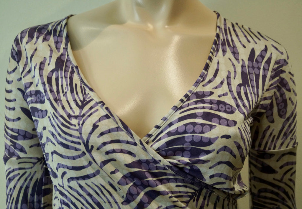 AMANDA WAKELEY Cream Purple Lilac 100% Silk V Neck Long Sleeve Wrap Tie Top UK8