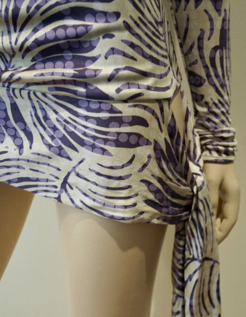 AMANDA WAKELEY Cream Purple Lilac 100% Silk V Neck Long Sleeve Wrap Tie Top UK8