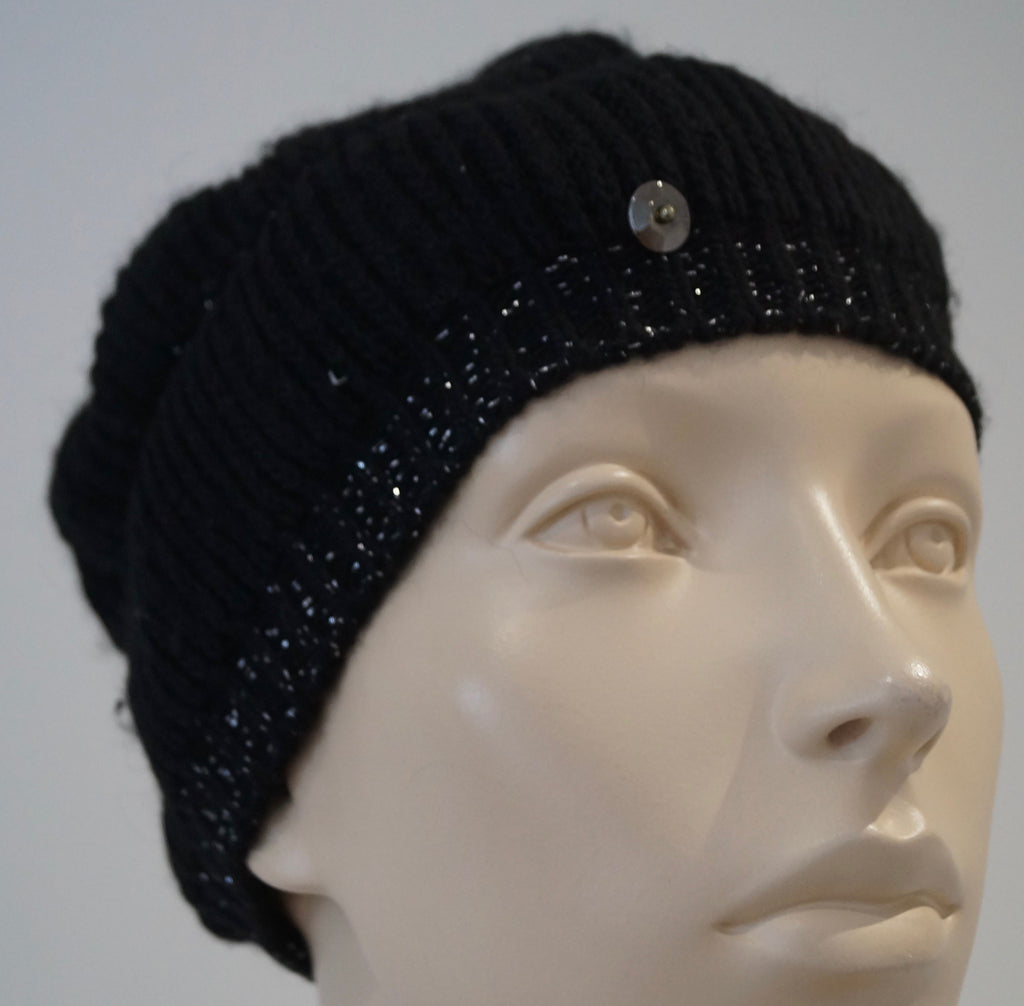 PINKO Black & Silver Sparkle Wool Blend Pull On Beanie Hat & Long Length Gloves