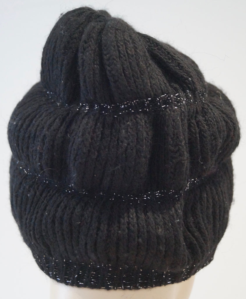 PINKO Black & Silver Sparkle Wool Blend Pull On Beanie Hat & Long Length Gloves