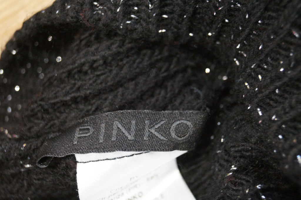 PINKO Black & Silver Sparkle Wool Blend Pull On Beanie Hat & Long Length Gloves