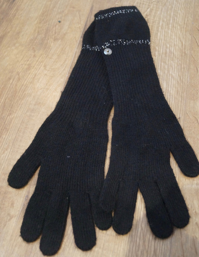 PINKO Black & Silver Sparkle Wool Blend Pull On Beanie Hat & Long Length Gloves