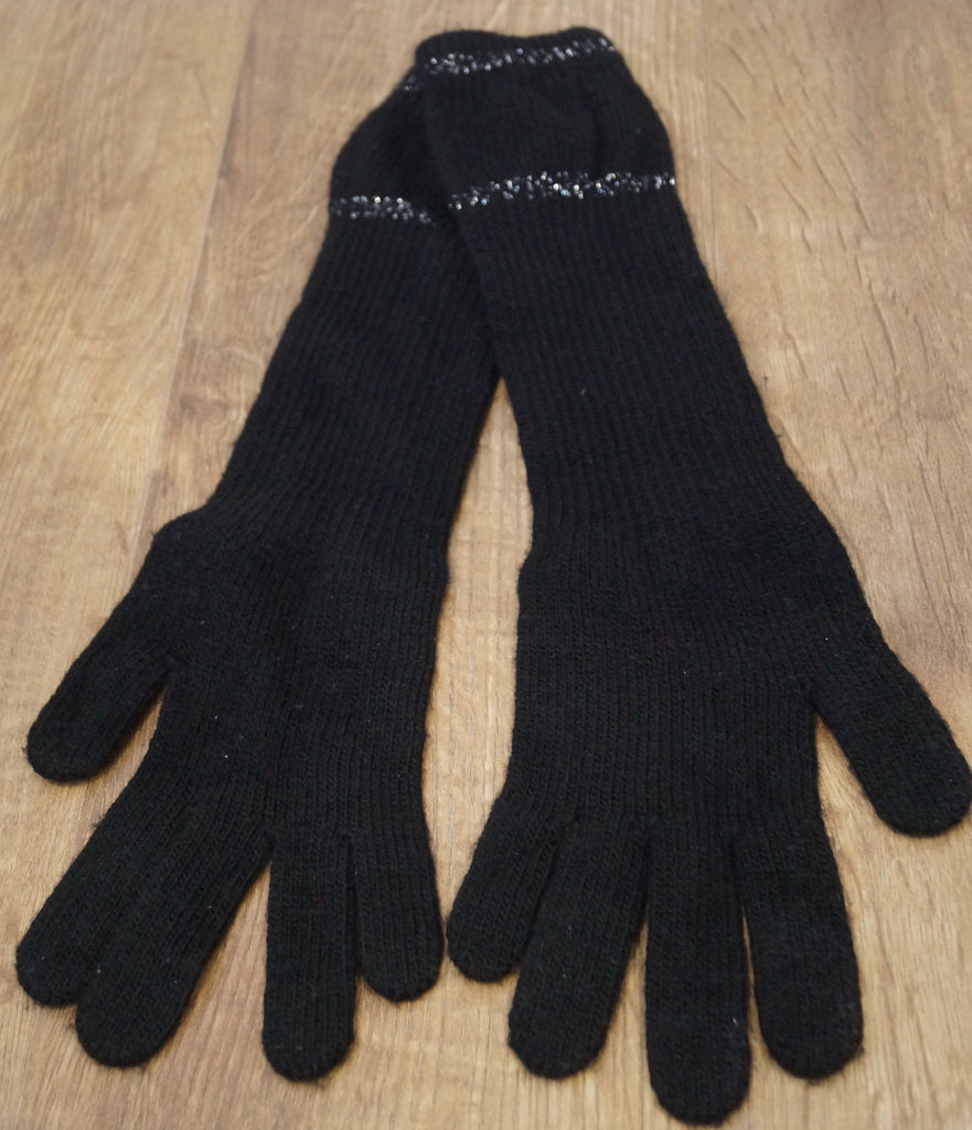PINKO Black & Silver Sparkle Wool Blend Pull On Beanie Hat & Long Length Gloves