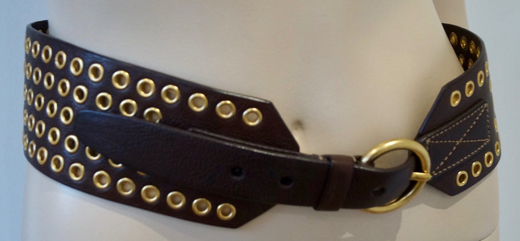 MIU MIU Brown Leather Gold Tone Hardware Wide Width Buckle Fastened Belt 85/34