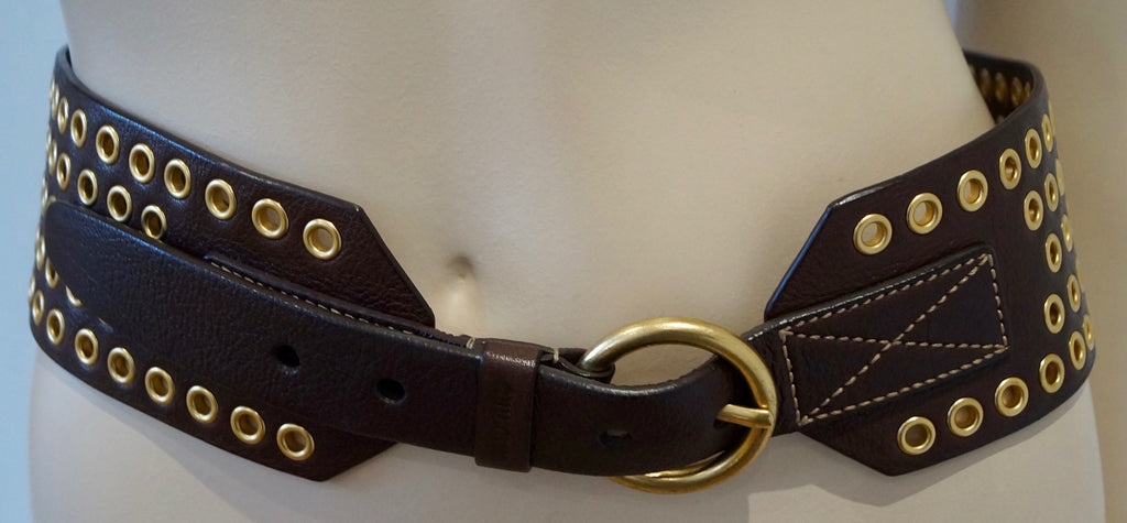 MIU MIU Brown Leather Gold Tone Hardware Wide Width Buckle Fastened Belt 85/34