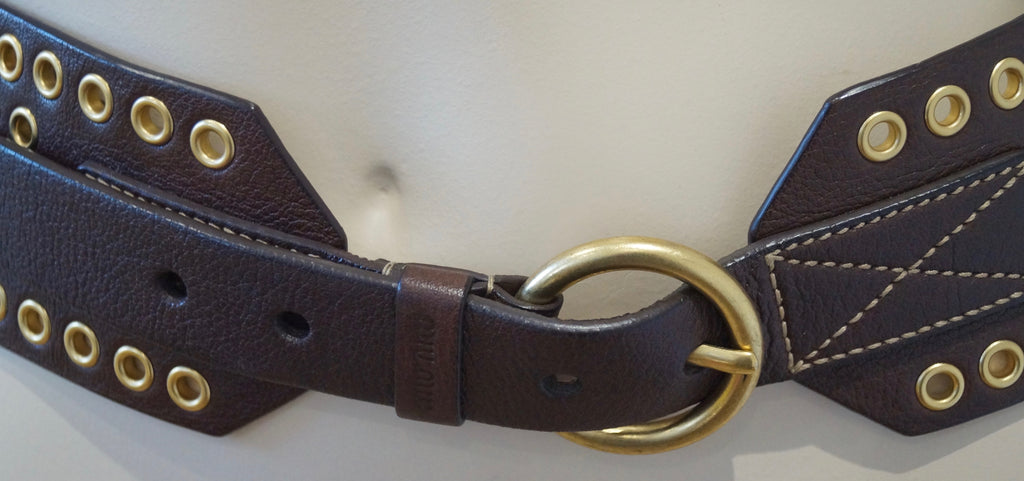 MIU MIU Brown Leather Gold Tone Hardware Wide Width Buckle Fastened Belt 85/34