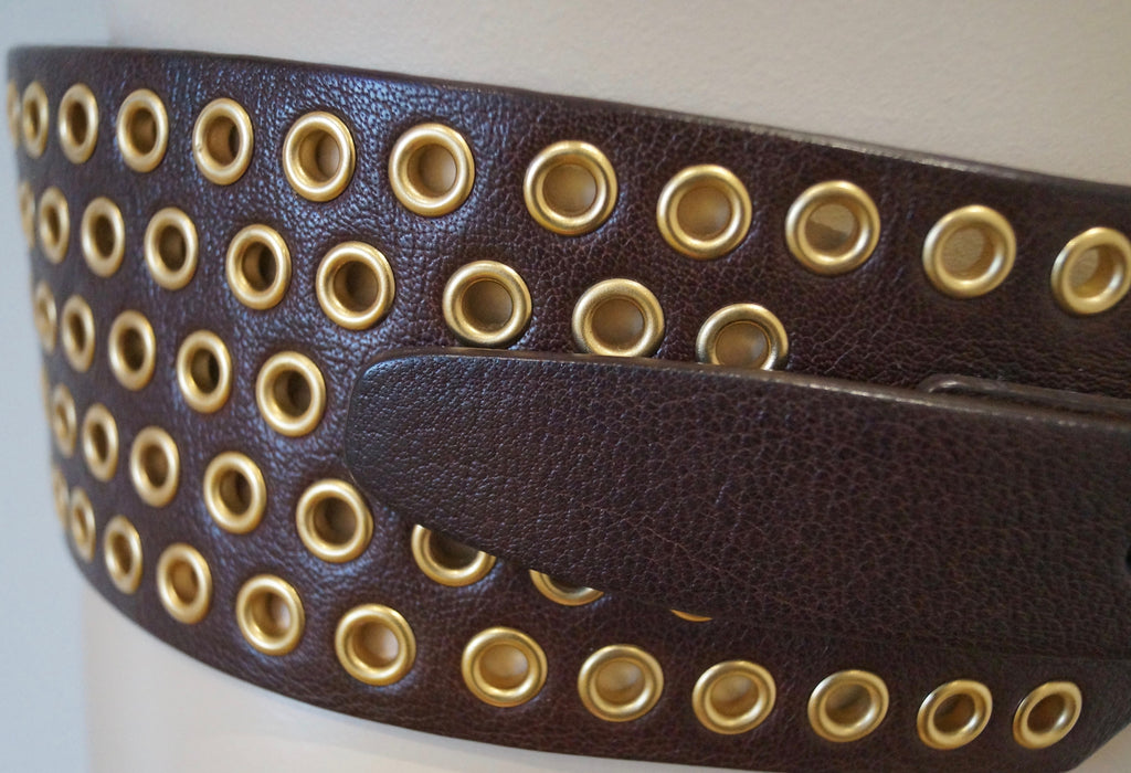 MIU MIU Brown Leather Gold Tone Hardware Wide Width Buckle Fastened Belt 85/34