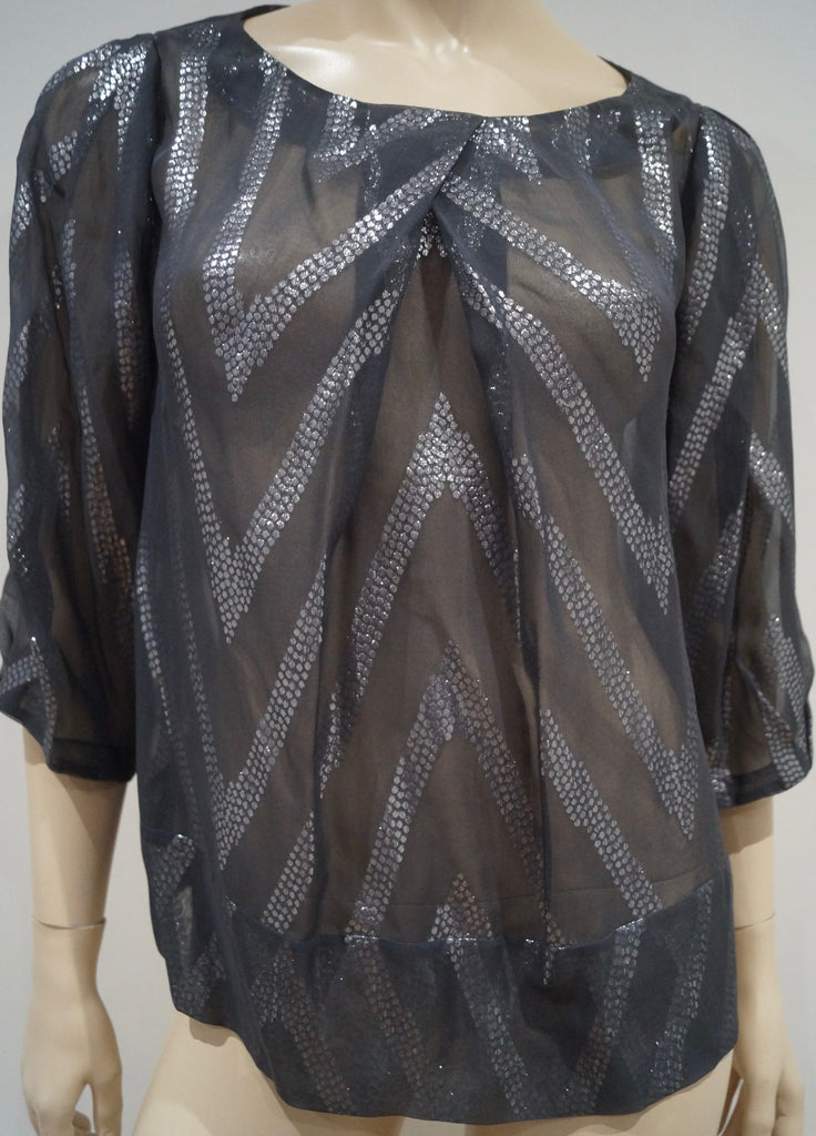 BY MALENE BIRGER Charcoal Grey Silver Metallic Stitch Silk Blend Blouse Top 34