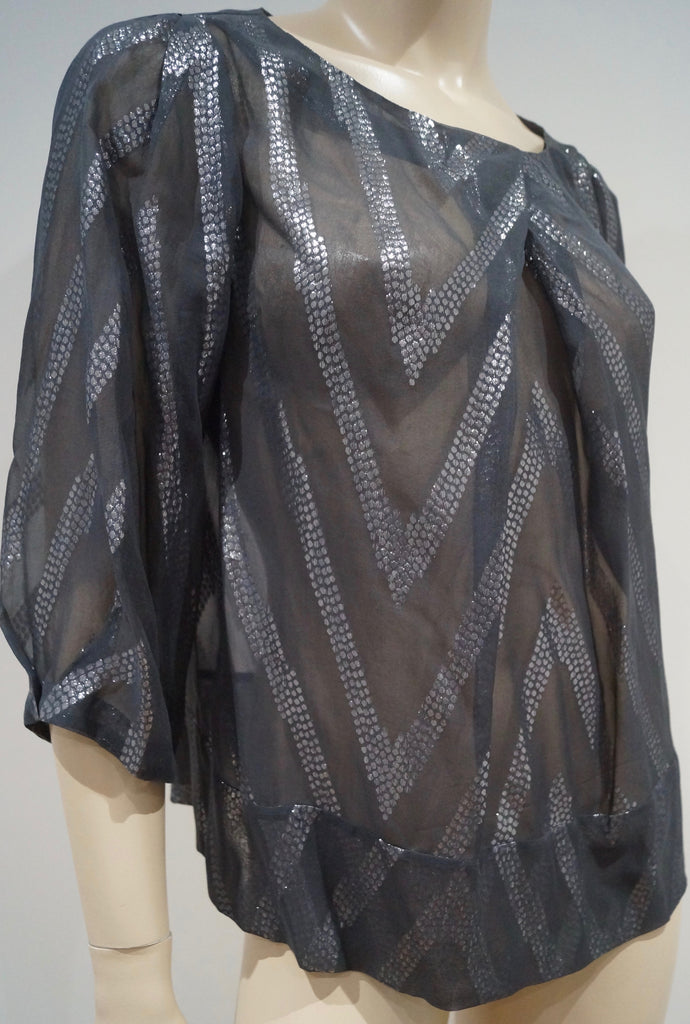 BY MALENE BIRGER Charcoal Grey Silver Metallic Stitch Silk Blend Blouse Top 34