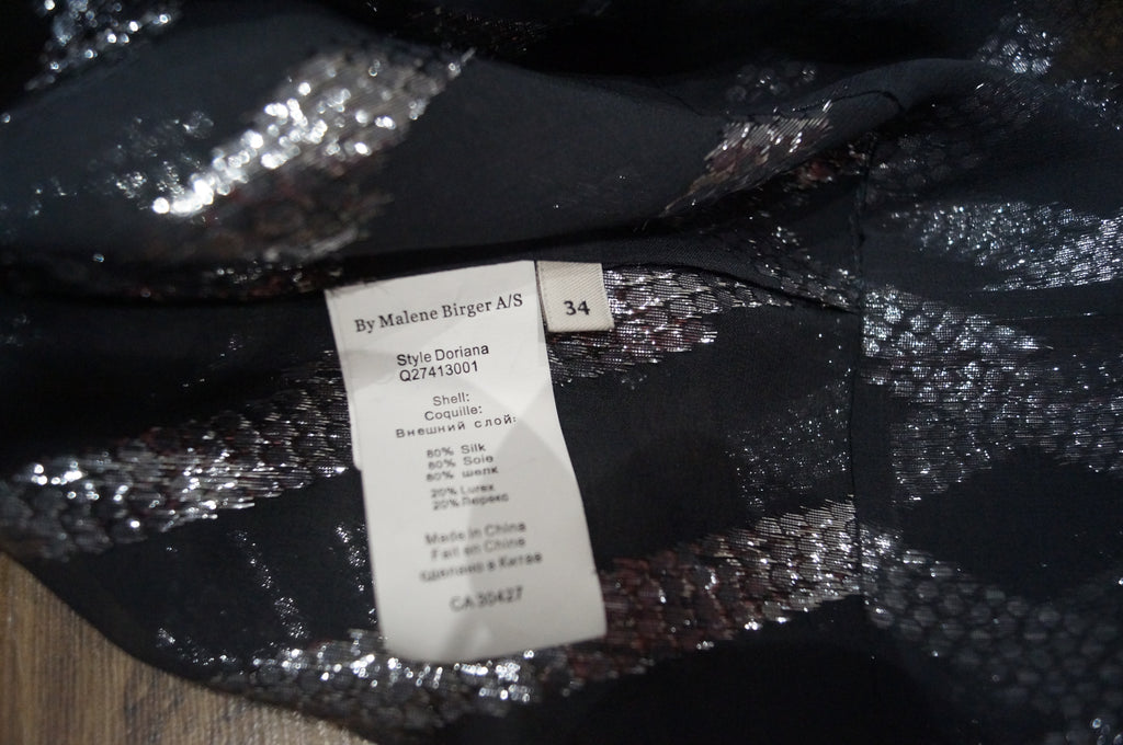 BY MALENE BIRGER Charcoal Grey Silver Metallic Stitch Silk Blend Blouse Top 34