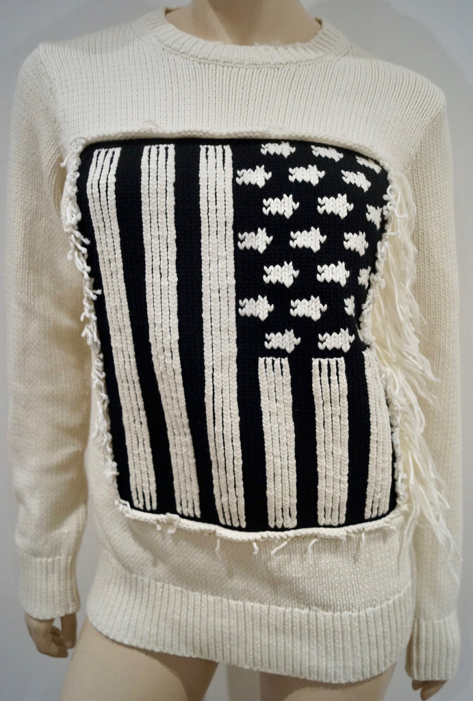 COACH NEW YORK Cream Cotton Blend Knit Flag Pattern Front Jumper Sweater Top S