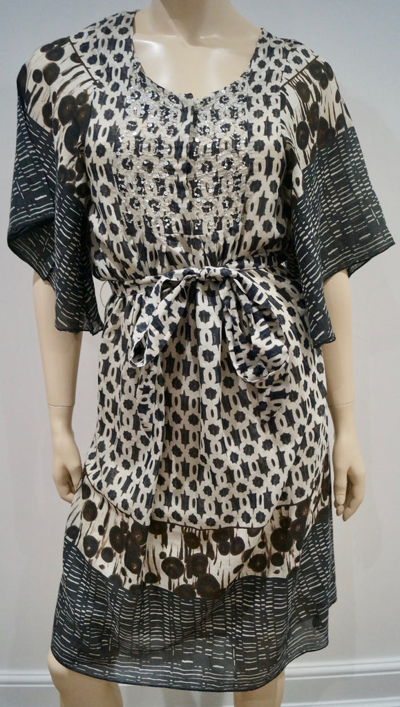BOSS HUGO BOSS Cream & Brown Geometric Pattern Flare Sleeve Belted Dress UK6