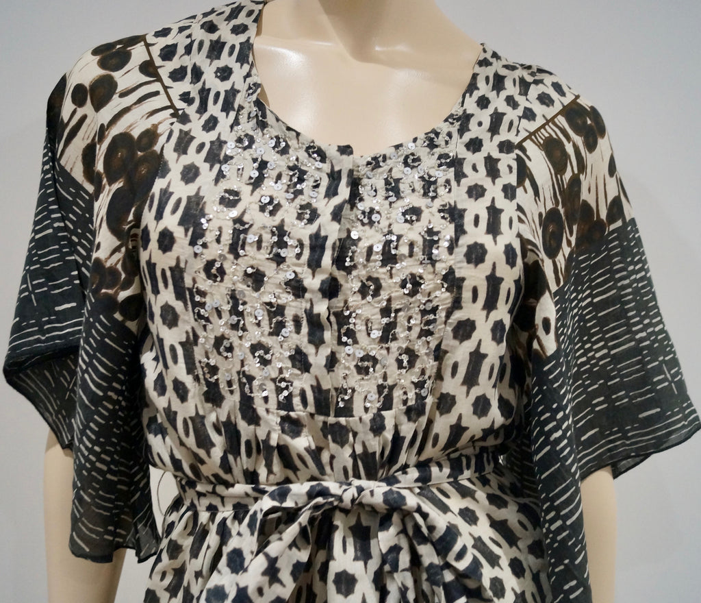 BOSS HUGO BOSS Cream & Brown Geometric Pattern Flare Sleeve Belted Dress UK6