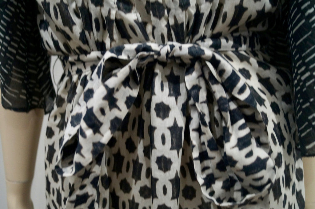 BOSS HUGO BOSS Cream & Brown Geometric Pattern Flare Sleeve Belted Dress UK6