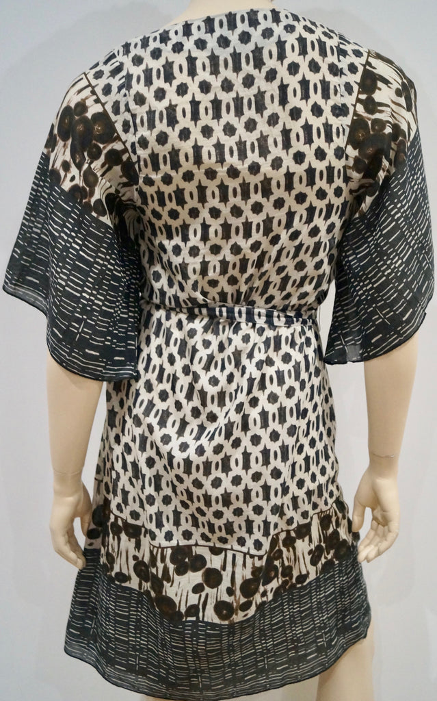 BOSS HUGO BOSS Cream & Brown Geometric Pattern Flare Sleeve Belted Dress UK6