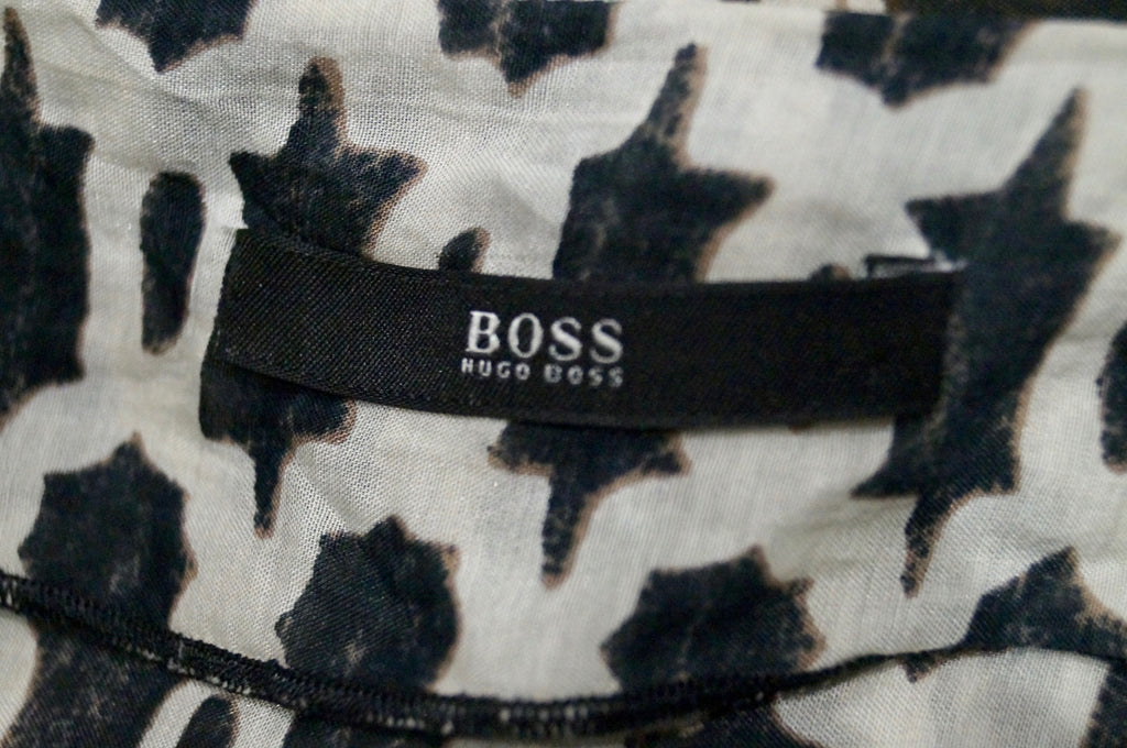 BOSS HUGO BOSS Cream & Brown Geometric Pattern Flare Sleeve Belted Dress UK6