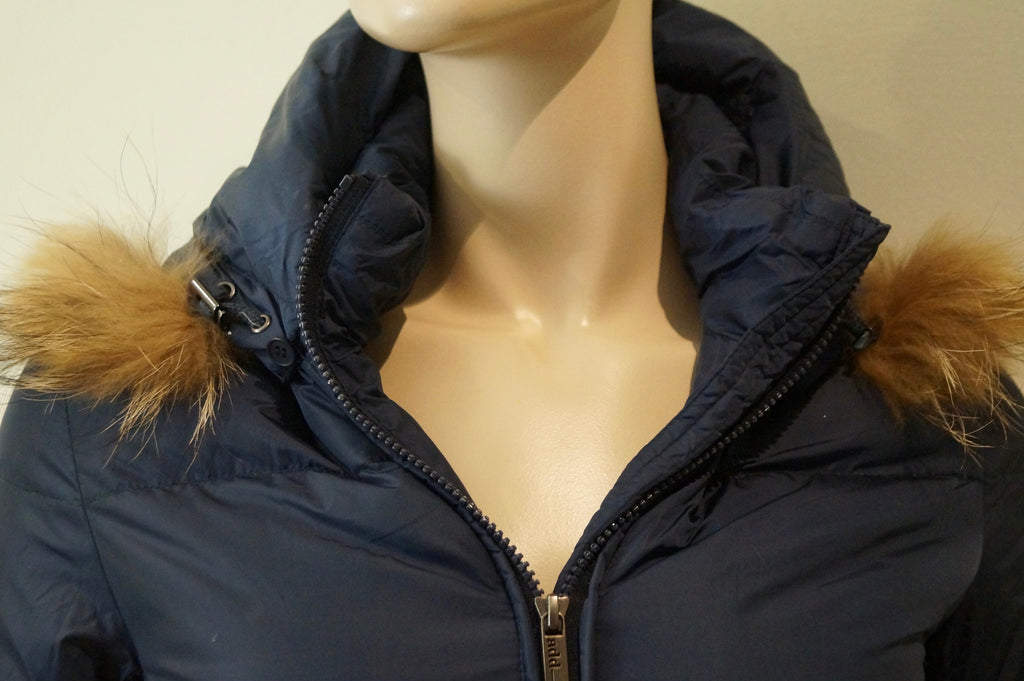 ADD Women's Navy Blue Quilted Padded Detachable Fur Trim Hooded Coat GB8