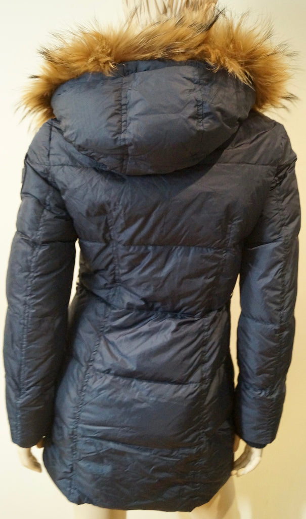 ADD Women's Navy Blue Quilted Padded Detachable Fur Trim Hooded Coat GB8