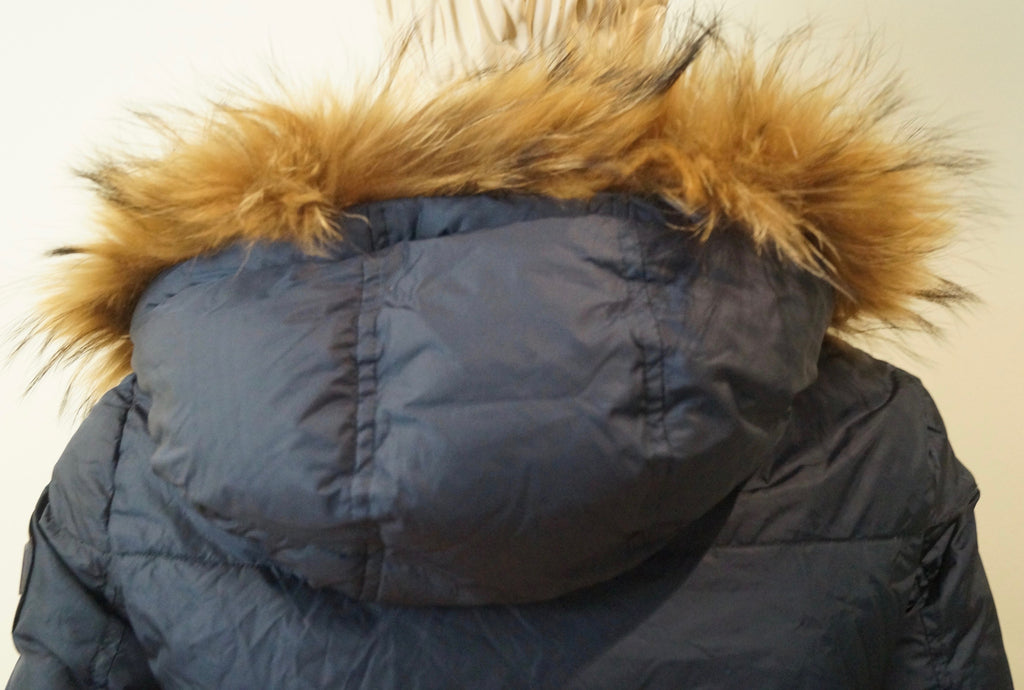 ADD Women's Navy Blue Quilted Padded Detachable Fur Trim Hooded Coat GB8