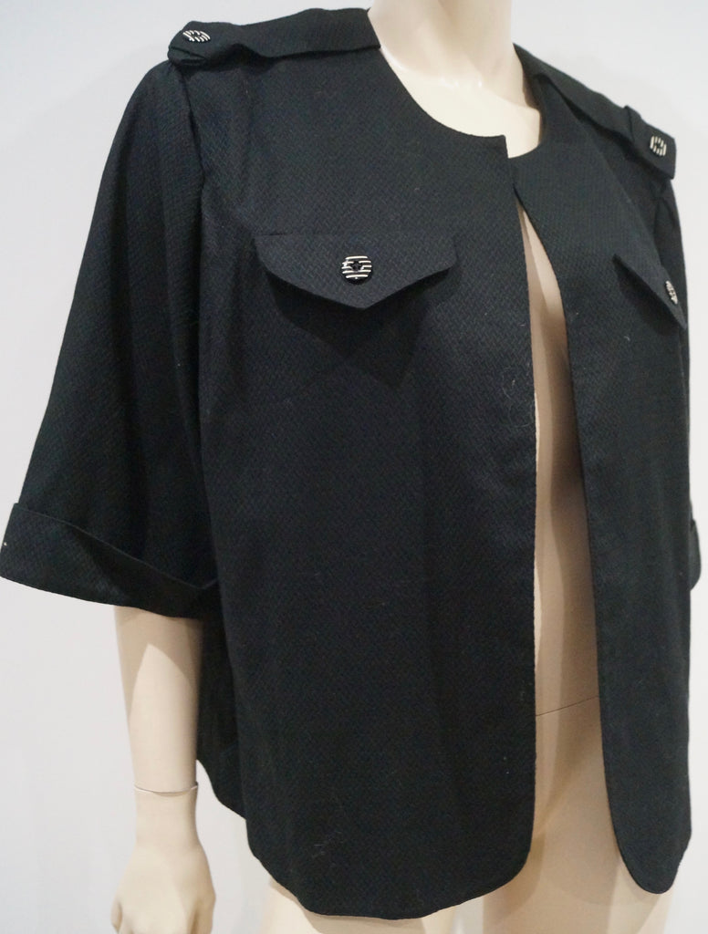 GIVENCHY EN PLUS Black 100% Cotton Open Front Short Sleeve Boxy Blazer Jacket 48