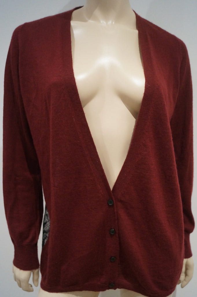 AHILYA Burgundy Red Ultra Fine Cashmere V Neckline Black Lace Rear Cardigan Top
