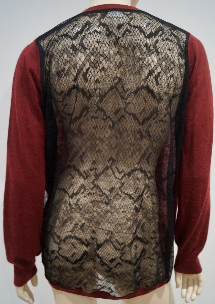 AHILYA Burgundy Red Ultra Fine Cashmere V Neckline Black Lace Rear Cardigan Top