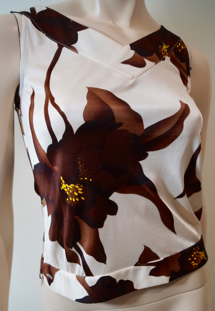 PAUL & JOE Cream & Brown Silk Blend Floral Print V Neck Sleeveless Top Sz:1 UK10