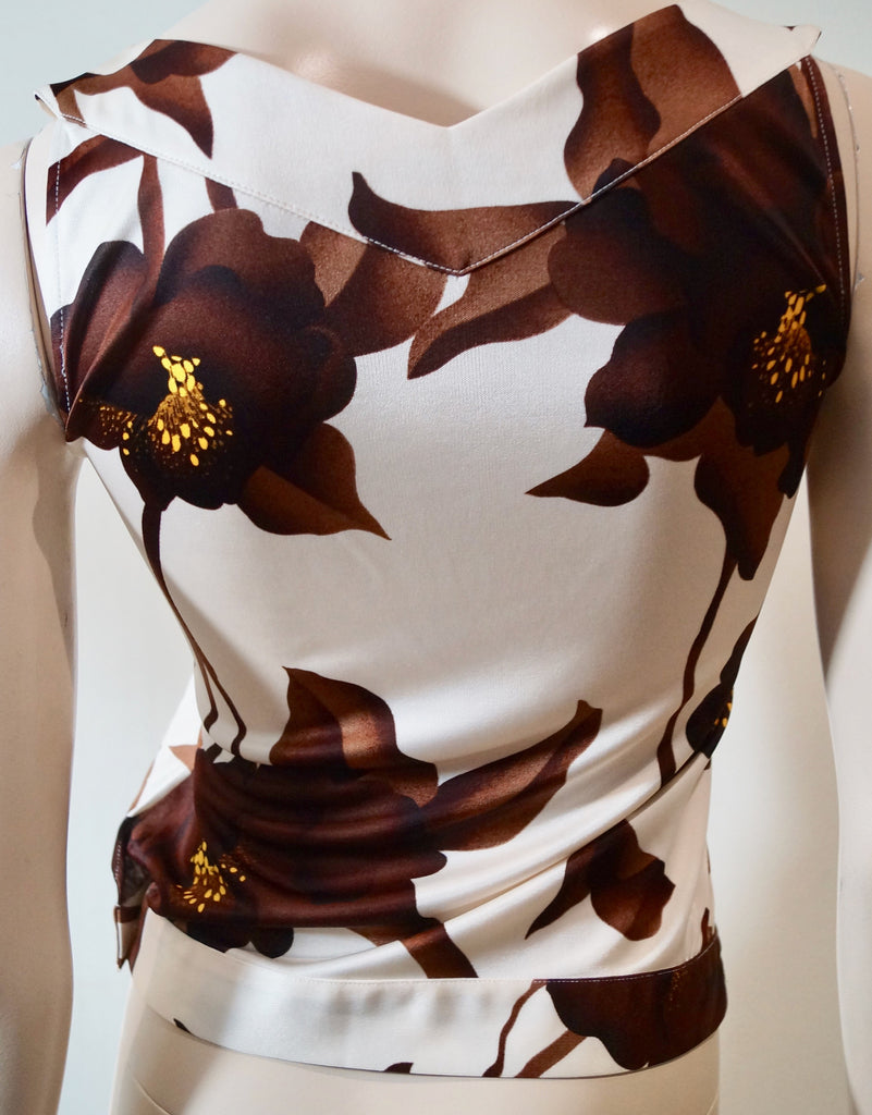 PAUL & JOE Cream & Brown Silk Blend Floral Print V Neck Sleeveless Top Sz:1 UK10