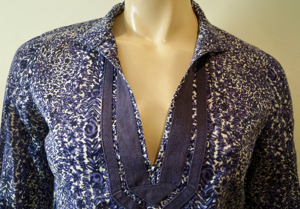 TORY BURCH Women's Blue Purple 100% Cotton Abstract Print Tunic Kaftan Top 4 UK8