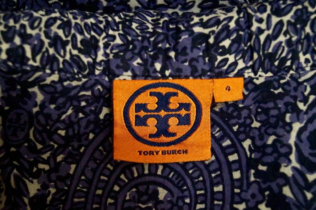 TORY BURCH Women's Blue Purple 100% Cotton Abstract Print Tunic Kaftan Top 4 UK8