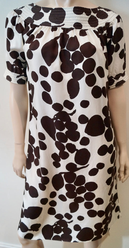 BARNEYS TASTE LUXURY HUMOR Cream & Brown Print Silk Short Sleeve Dress 36/2