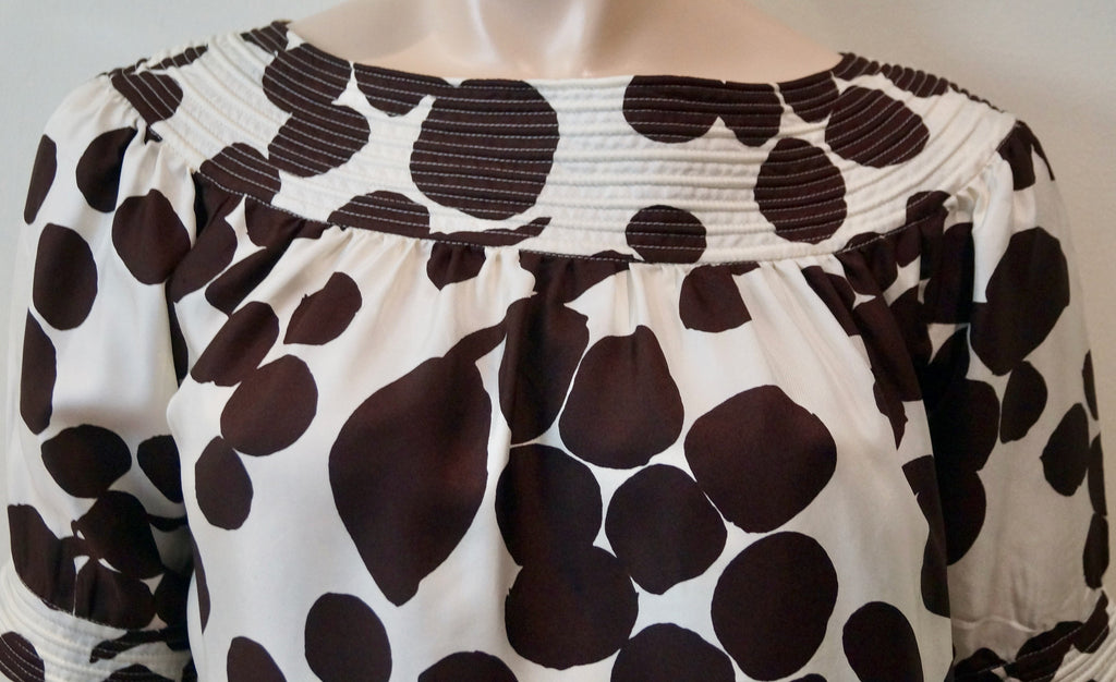 BARNEYS TASTE LUXURY HUMOR Cream & Brown Print Silk Short Sleeve Dress 36/2