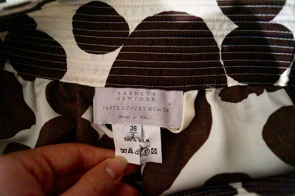BARNEYS TASTE LUXURY HUMOR Cream & Brown Print Silk Short Sleeve Dress 36/2