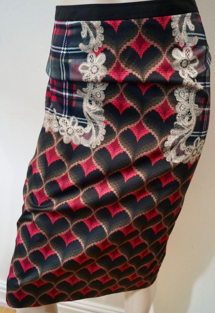 EMMA COOK Womens Red Pink Green Heart Print Lace Detail Formal Pencil Skirt UK10
