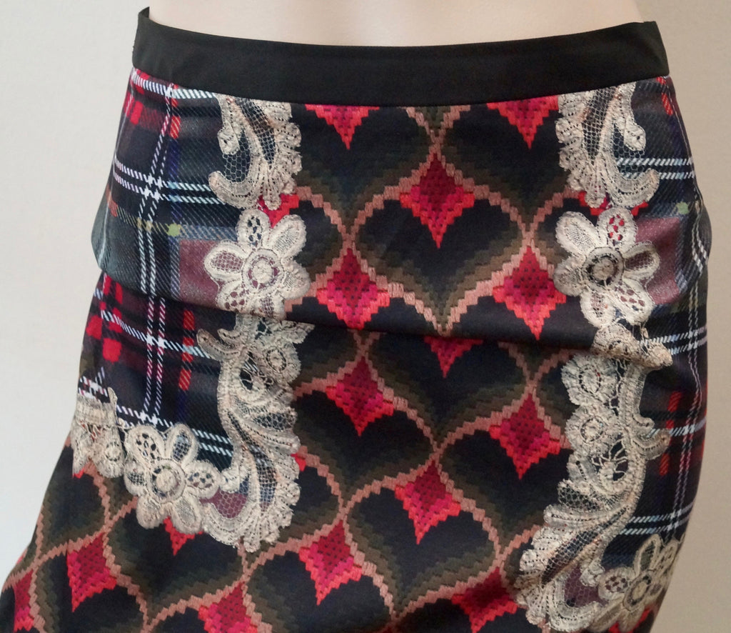 EMMA COOK Womens Red Pink Green Heart Print Lace Detail Formal Pencil Skirt UK10