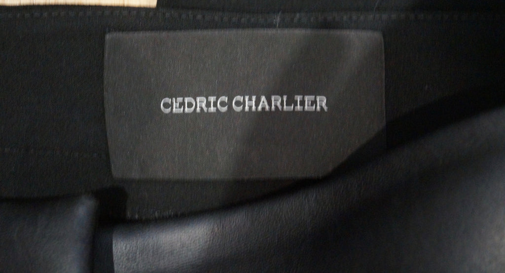 CEDRIC CHARLIER Black Faux Leather Panel Tapered Leg Trousers Pants I40 UK8