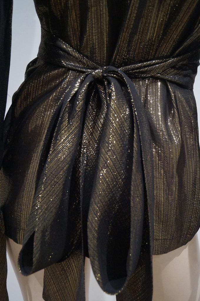 JASMINE DI MILO Gold & Black Silk Blend Sheen Plunge V Neck Belted Blouse Top 8