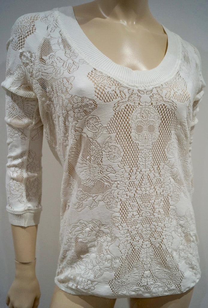 THE KOOPLES Winter White Perforated Pattern Round Neck 3/4 Sleeve Sweater Top S