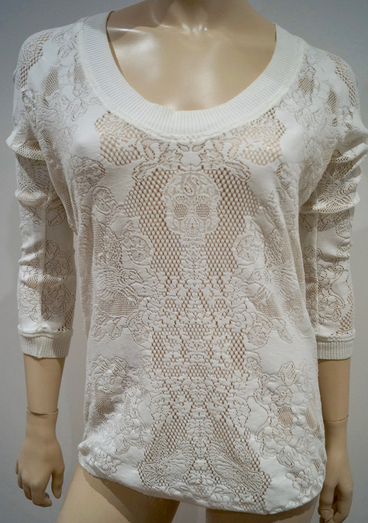 THE KOOPLES Winter White Perforated Pattern Round Neck 3/4 Sleeve Sweater Top S