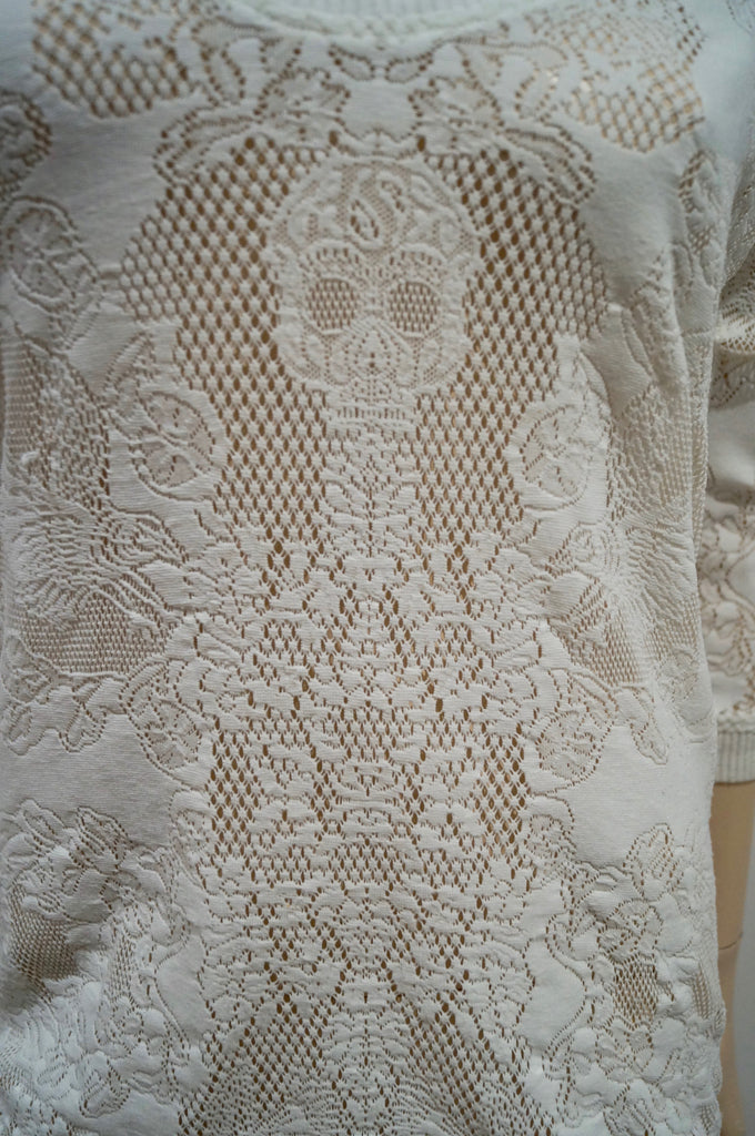 THE KOOPLES Winter White Perforated Pattern Round Neck 3/4 Sleeve Sweater Top S