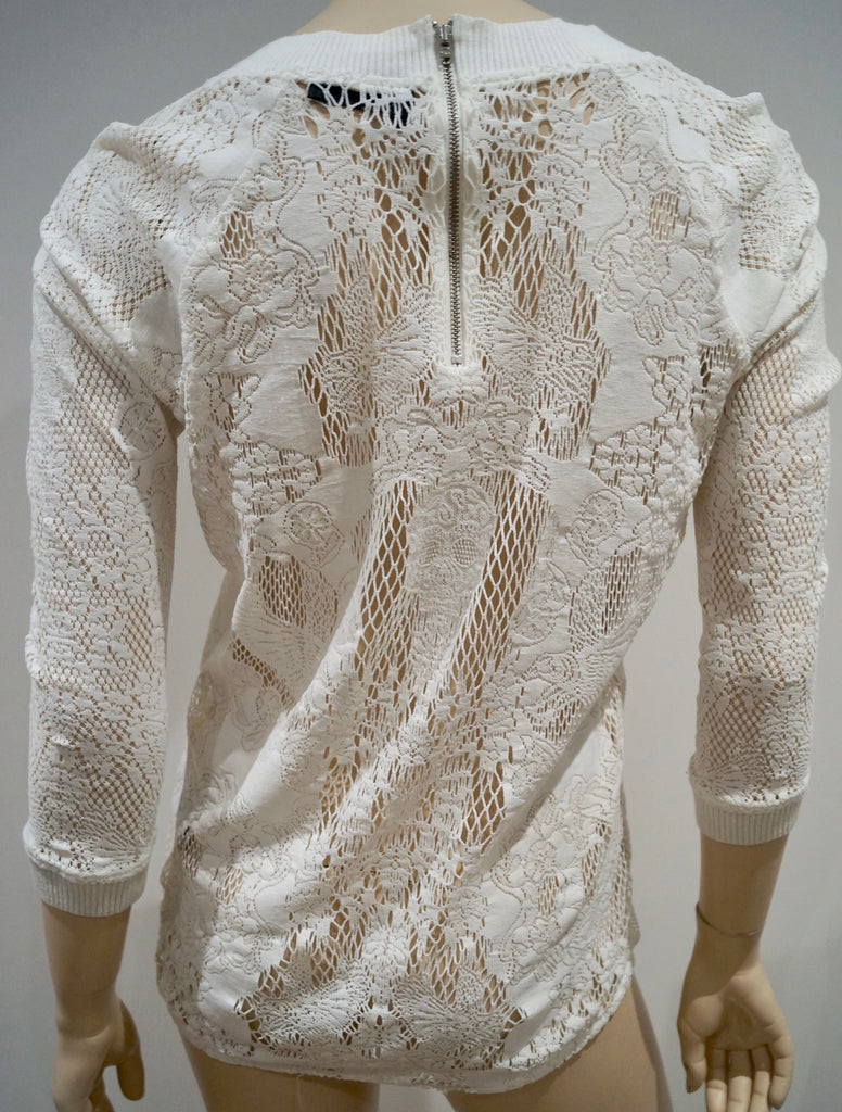 THE KOOPLES Winter White Perforated Pattern Round Neck 3/4 Sleeve Sweater Top S