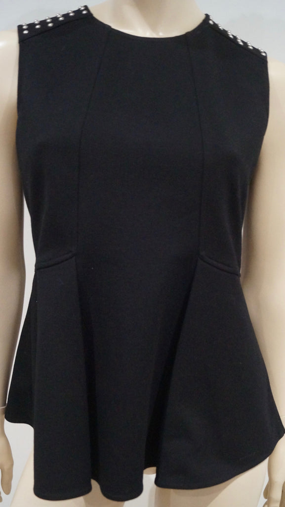 BELSTAFF Black Round Neck Sleeveless Silver Stud Shoulder Pleat Hem Top 44 UK12