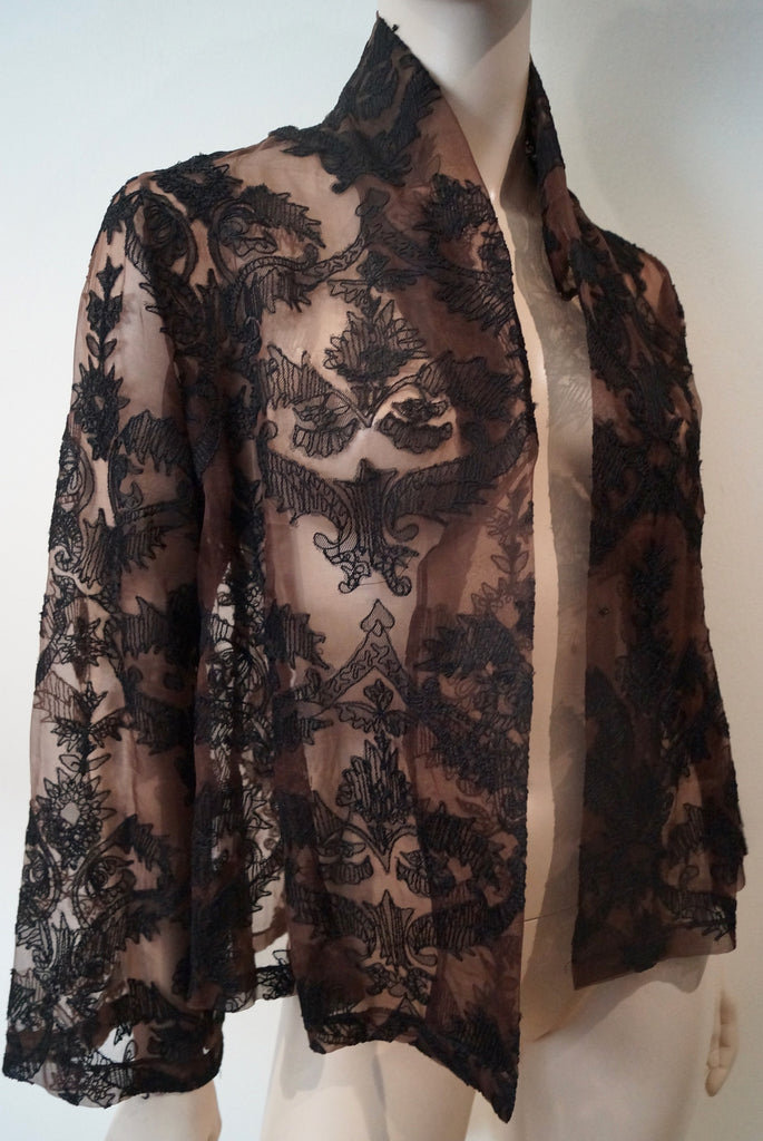 DANIELA VECCHI Brown Black Open Front Embroidery Sheer Evening Jacket 42 UK10