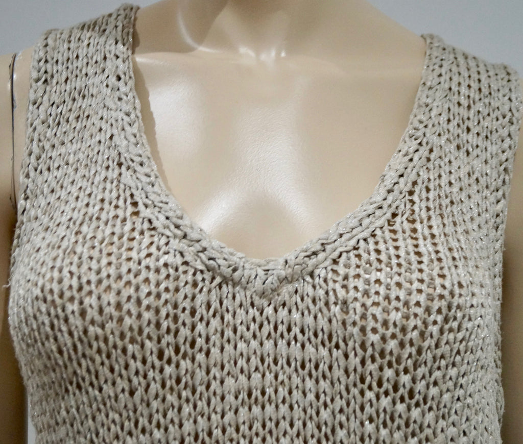 EILEEN FISHER Beige Chunky Knitwear V Neck Sleeveless Long Length Tank Vest Top